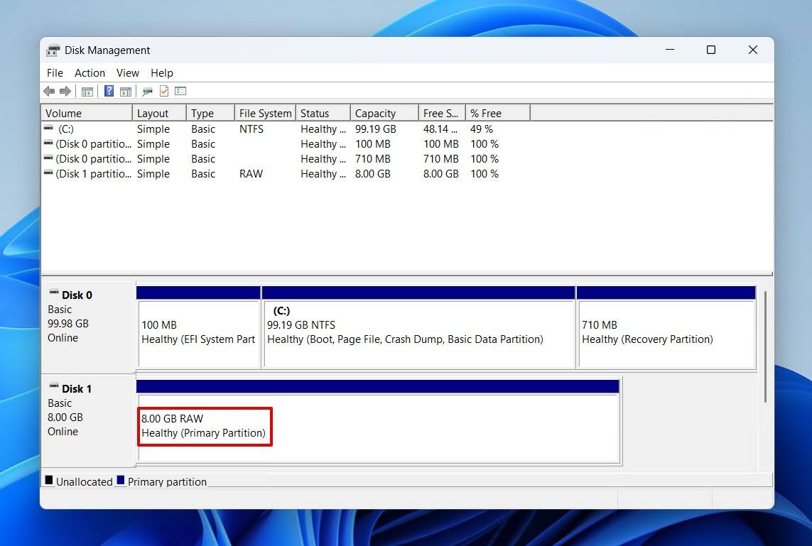 Disk status in Disk Management.
