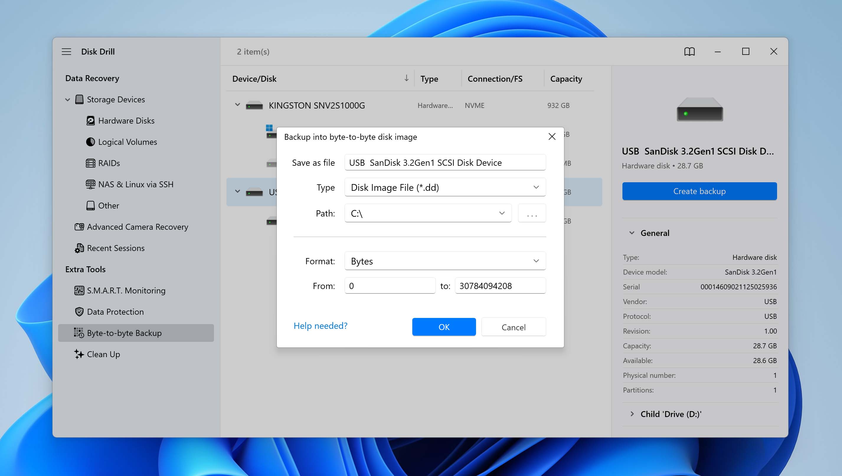 choose drive backup parameters