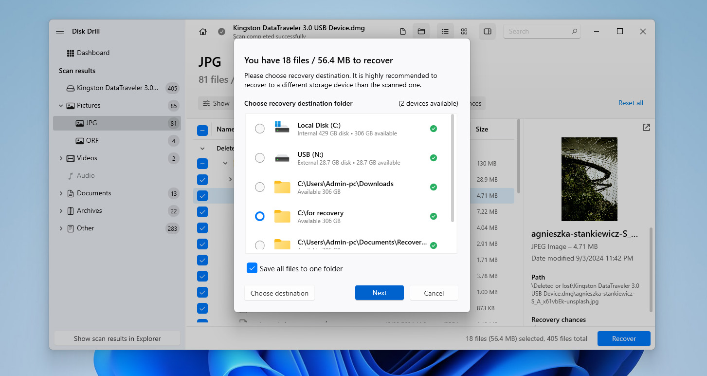 choose recovery destination