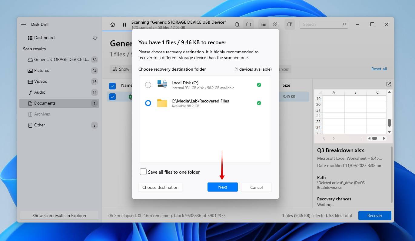Completing Excel file recovery.