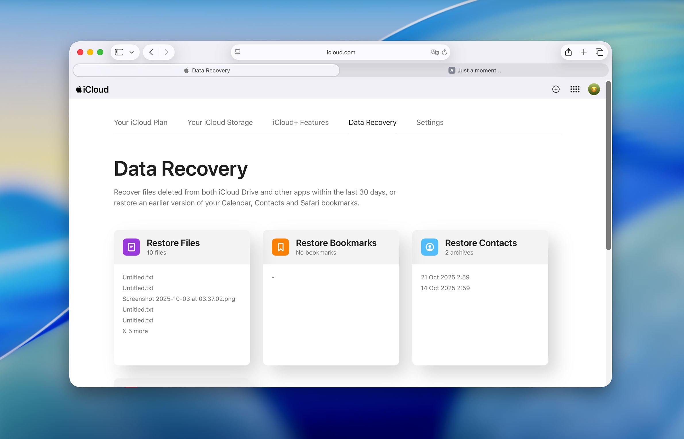 restore files option in cloud