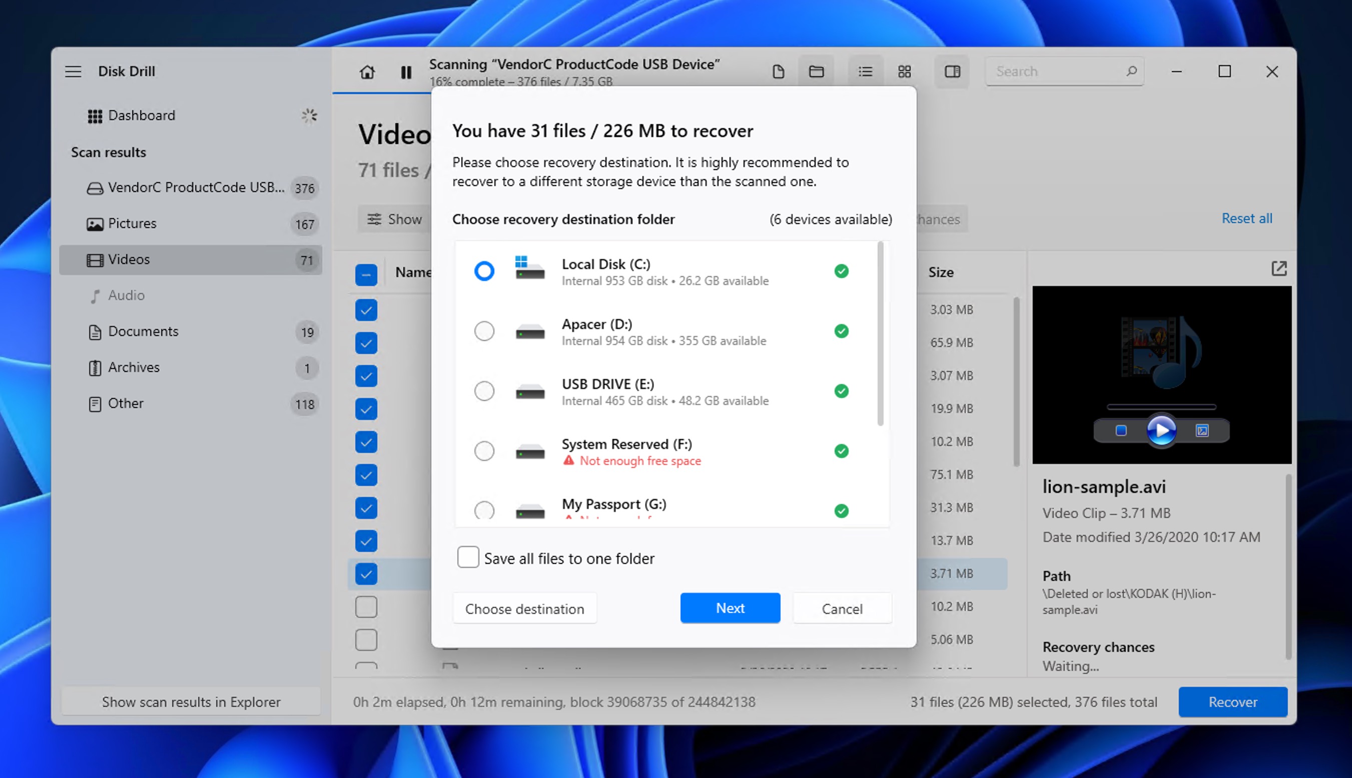 disk drill recovery destination selection
