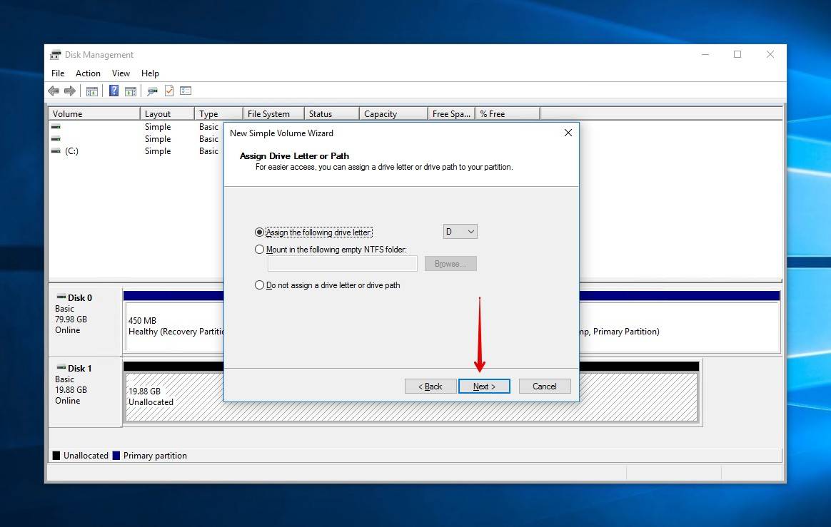 Choosing a drive letter.