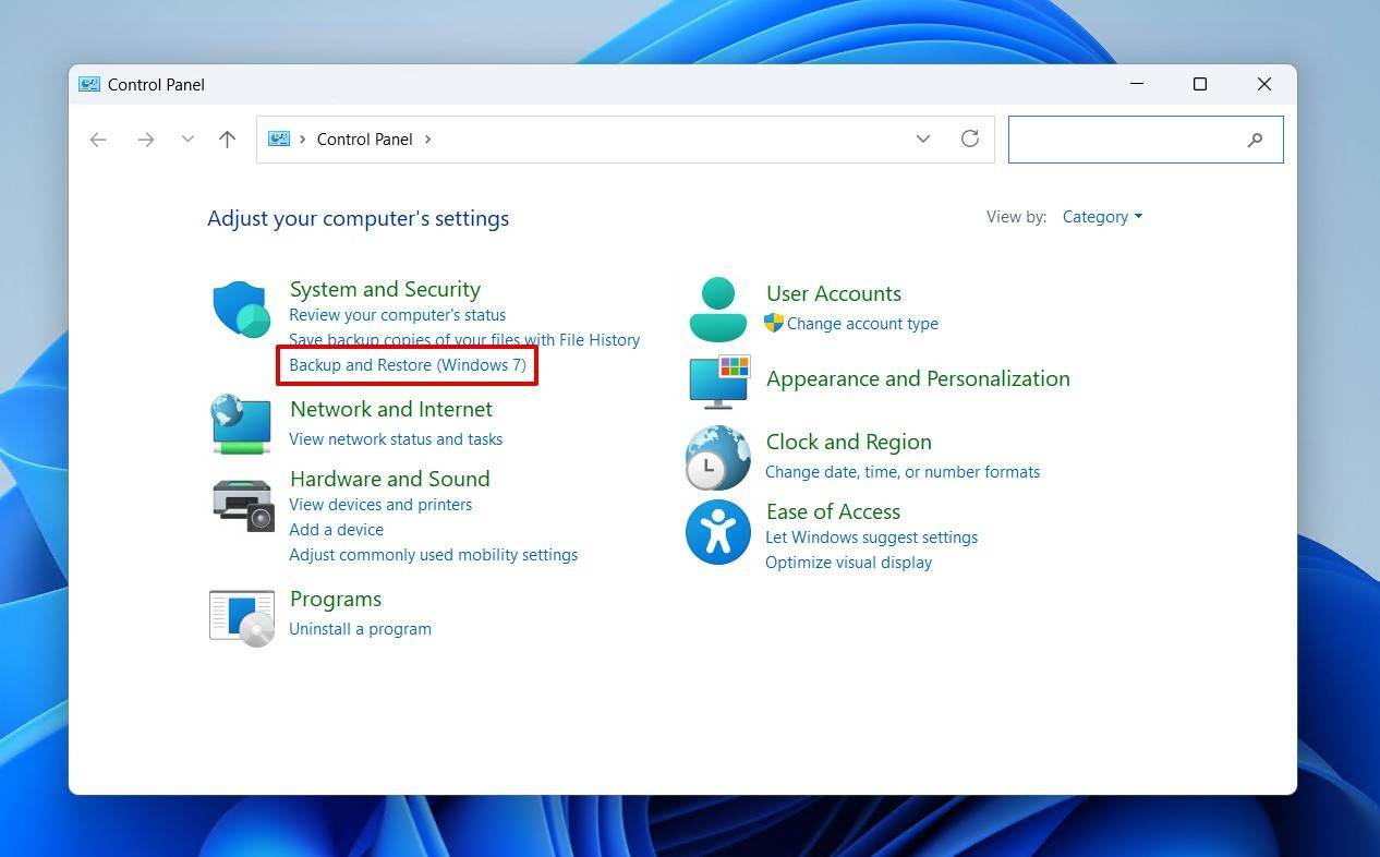 Opening Backup and Restore.