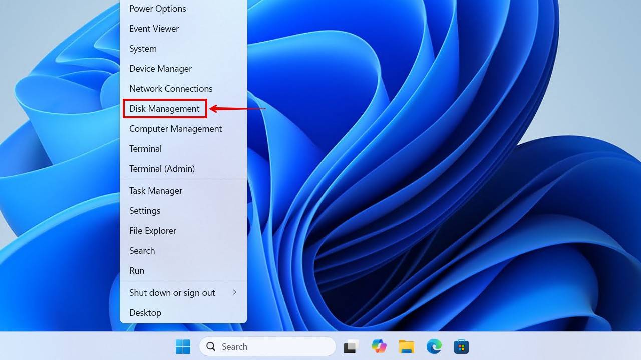 Opening Disk Management in Windows 11.