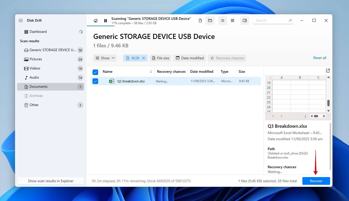 Recovering the Excel file.