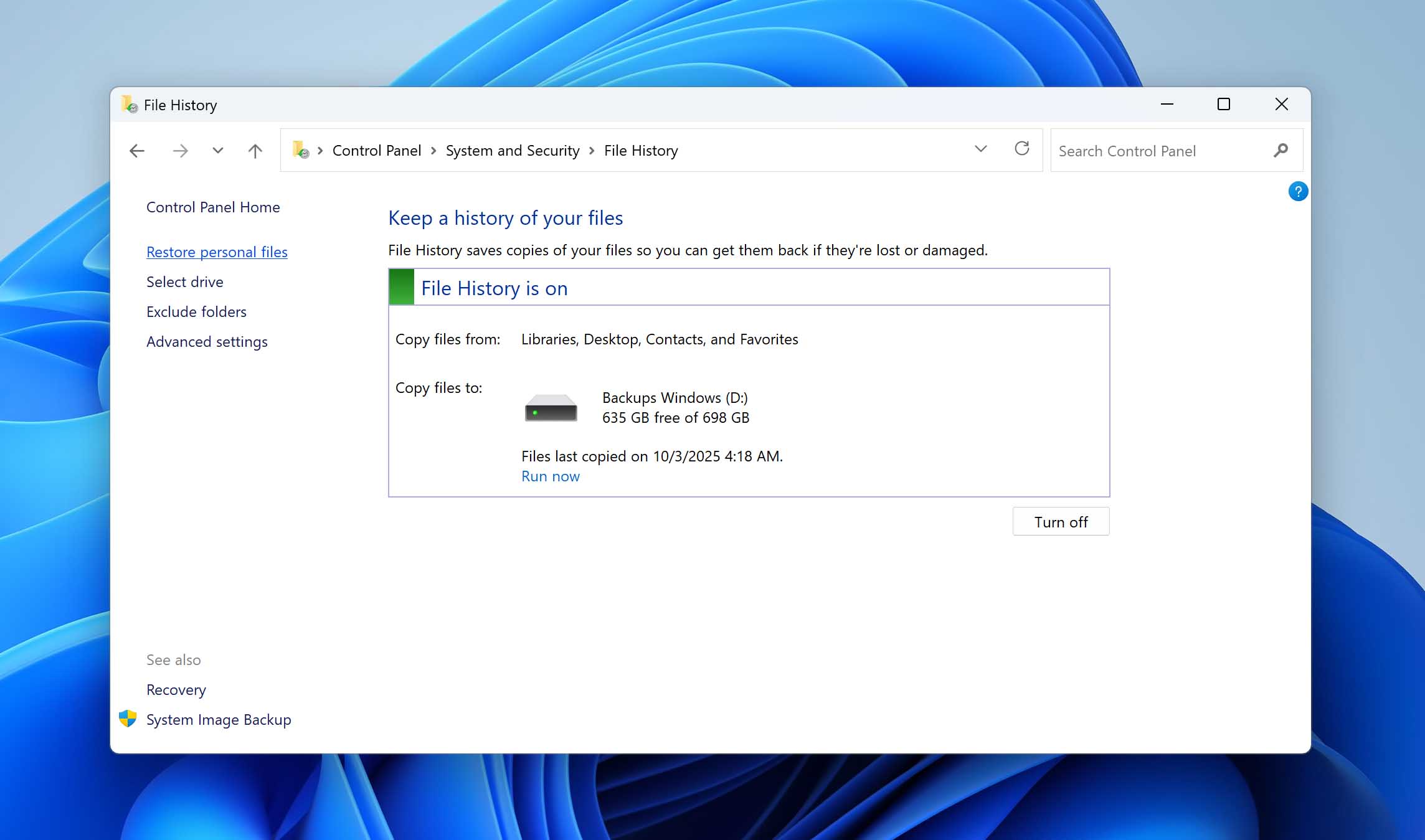 restore personal files in file history