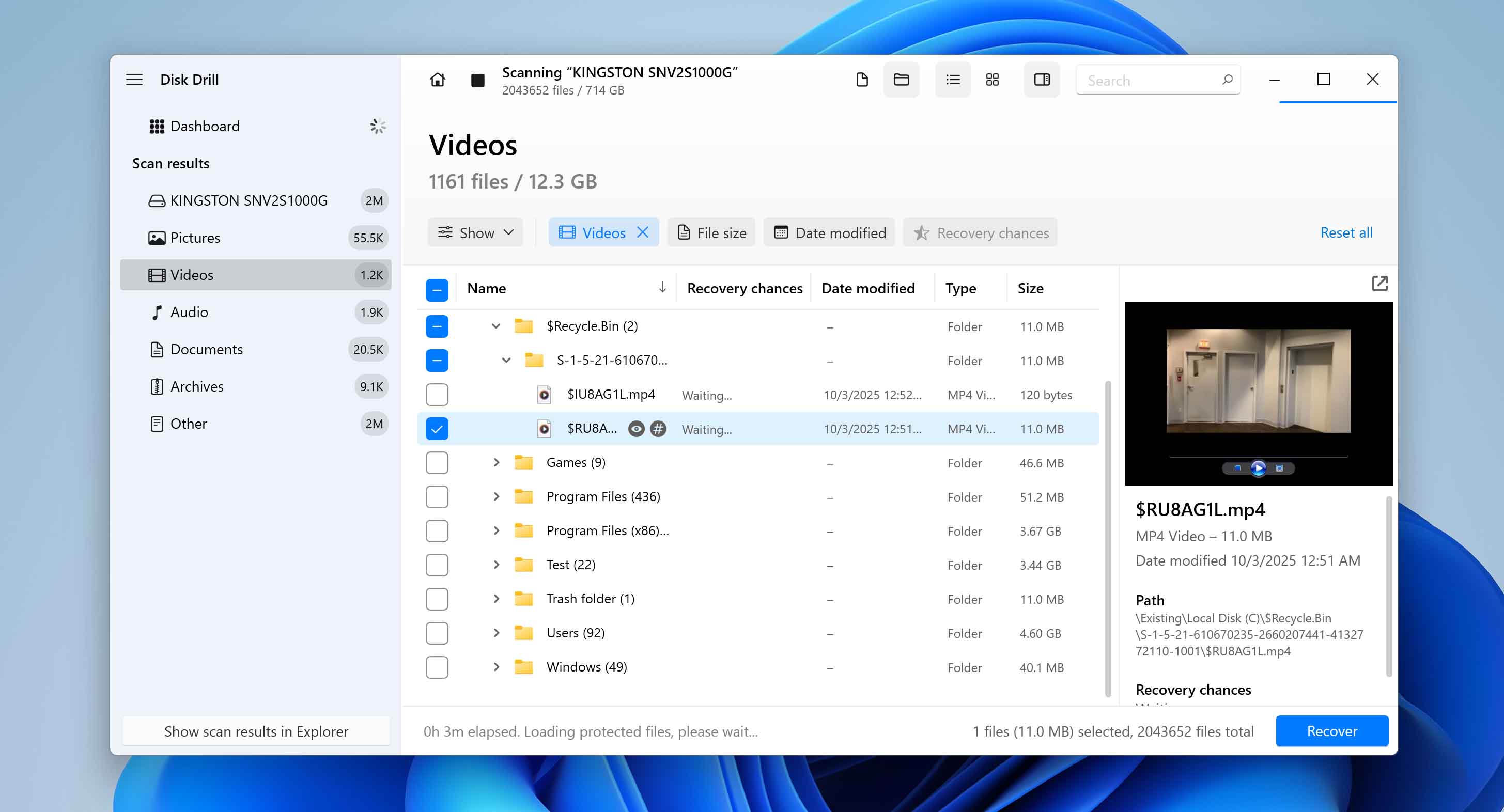 select video for recovery