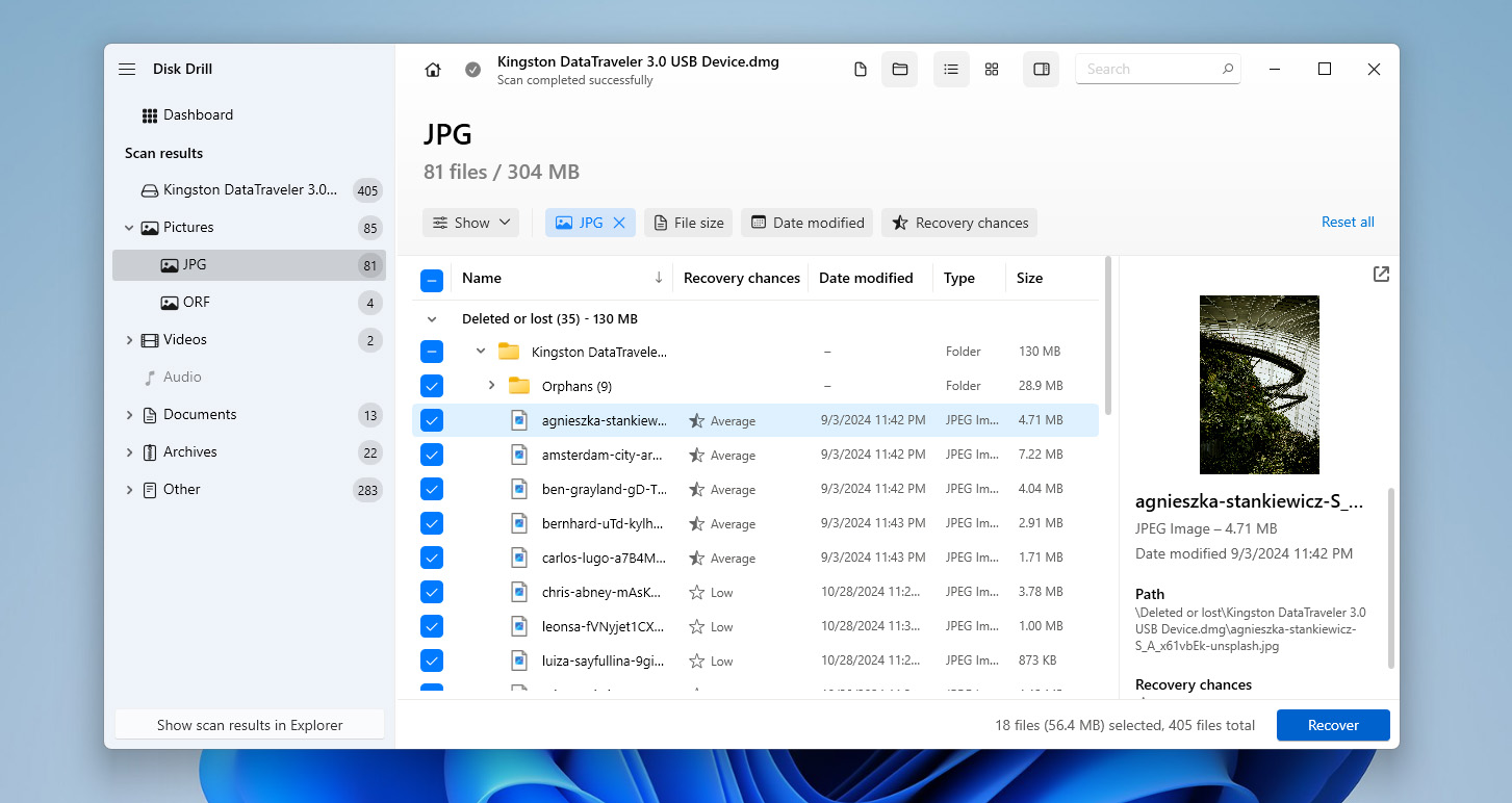 select files for recovery