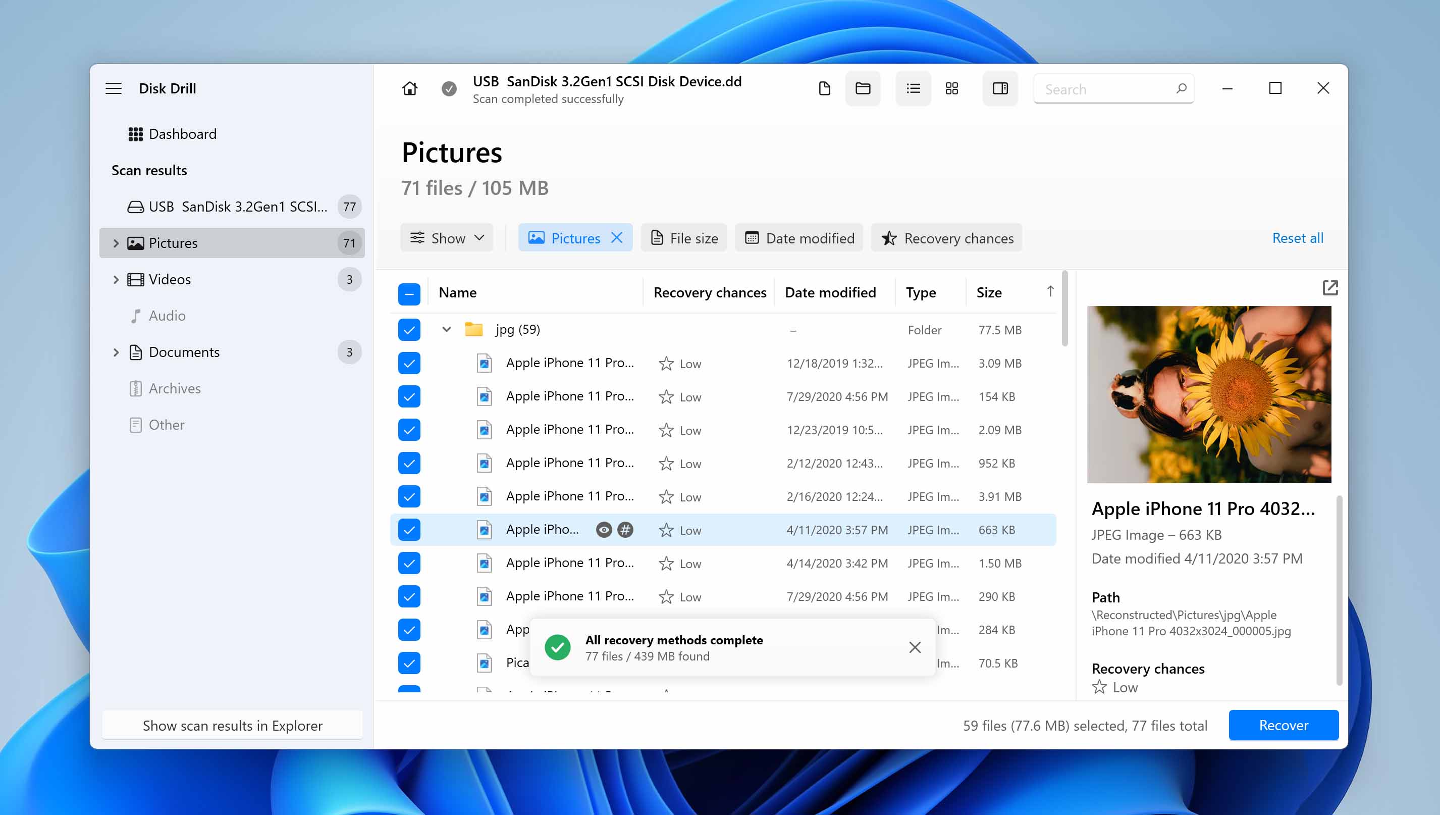 select files for recovery