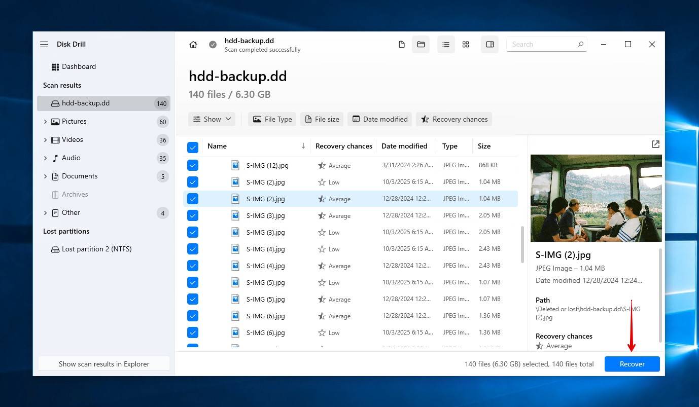 Selecting files for recovery.