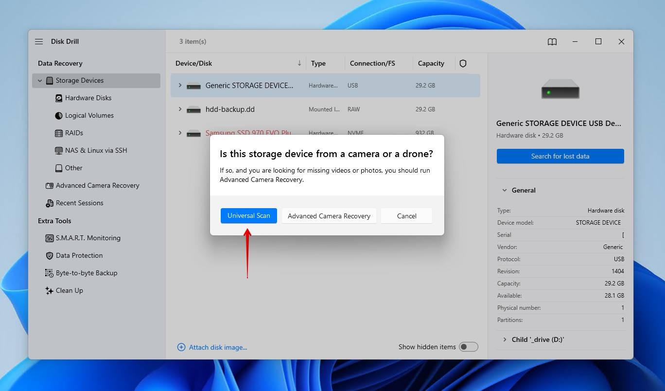 Starting a Disk Drill Universal Scan.