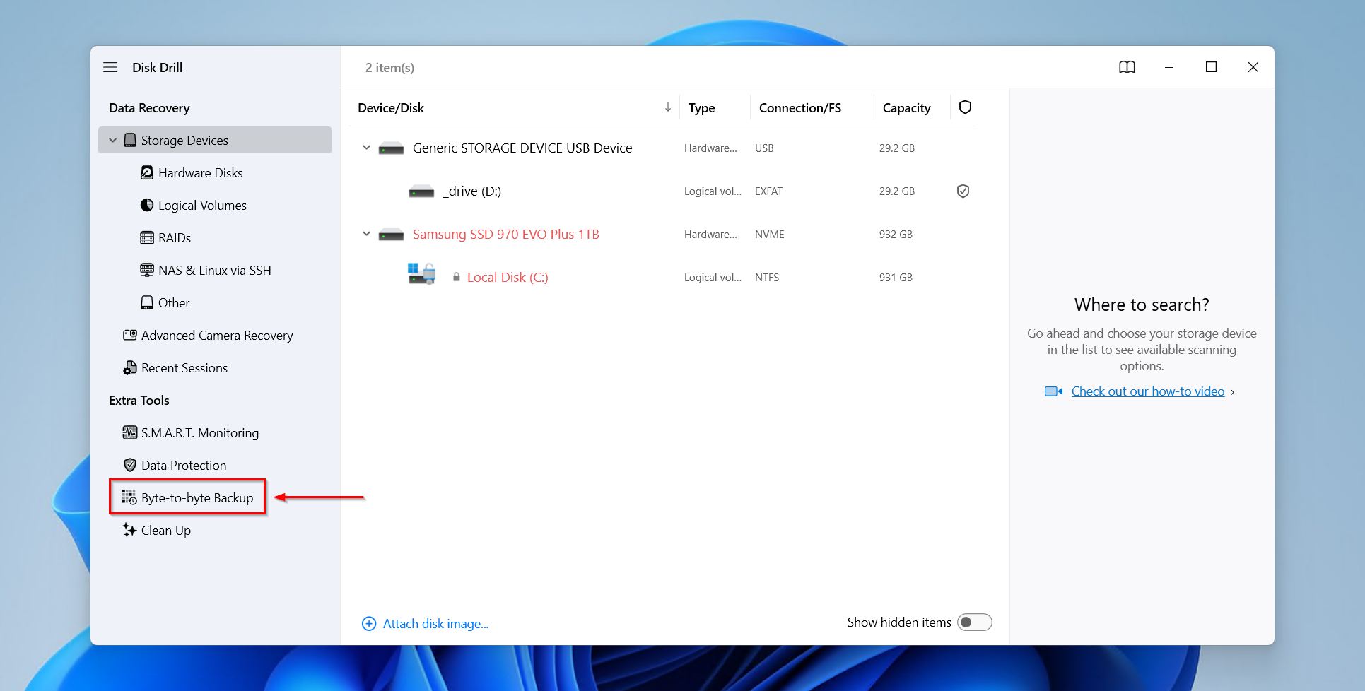 Accessing the byte-to-byte backup feature.