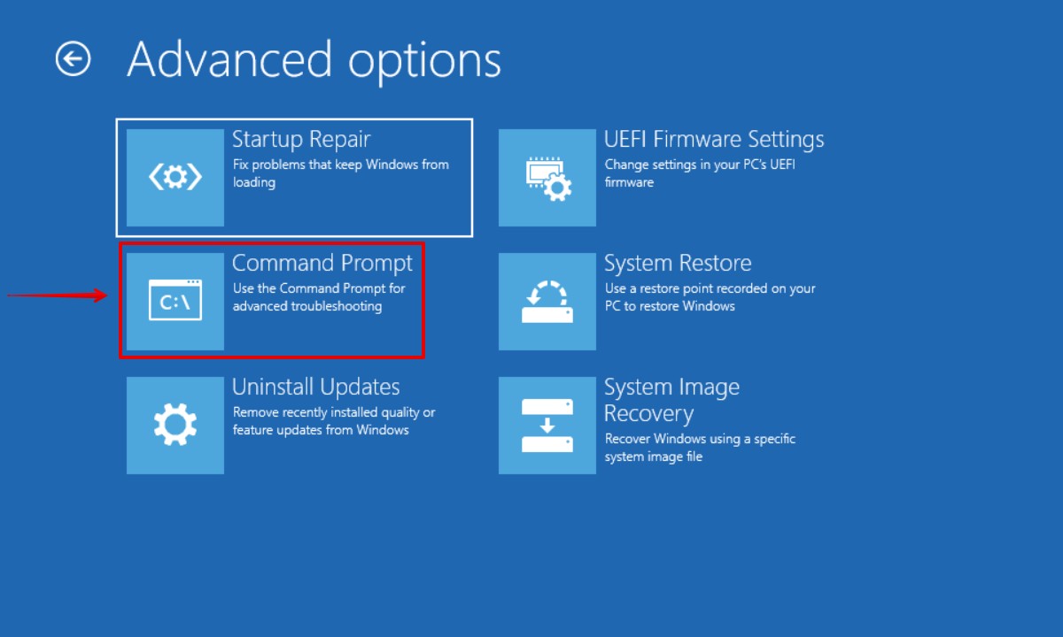 Opening Command Prompt in WinRE.