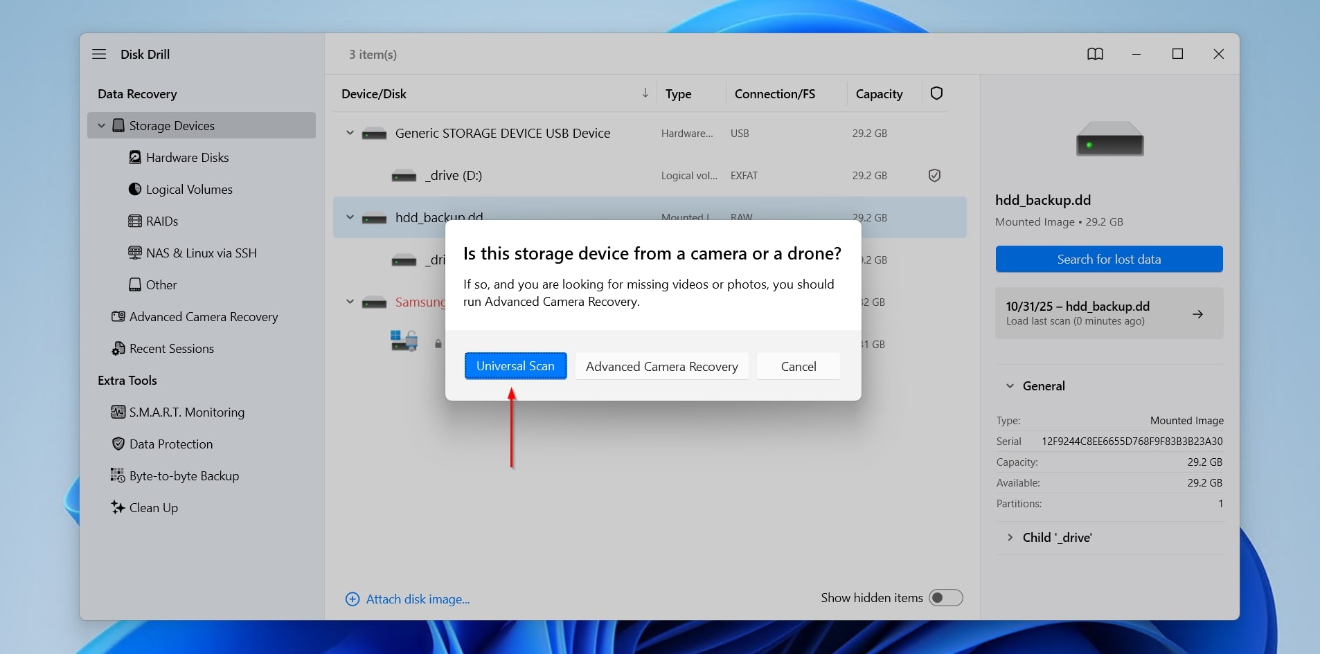 Scanning the corrupted hard drive.
