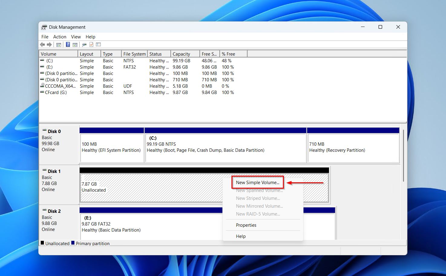 Creating a New Simple Volume.