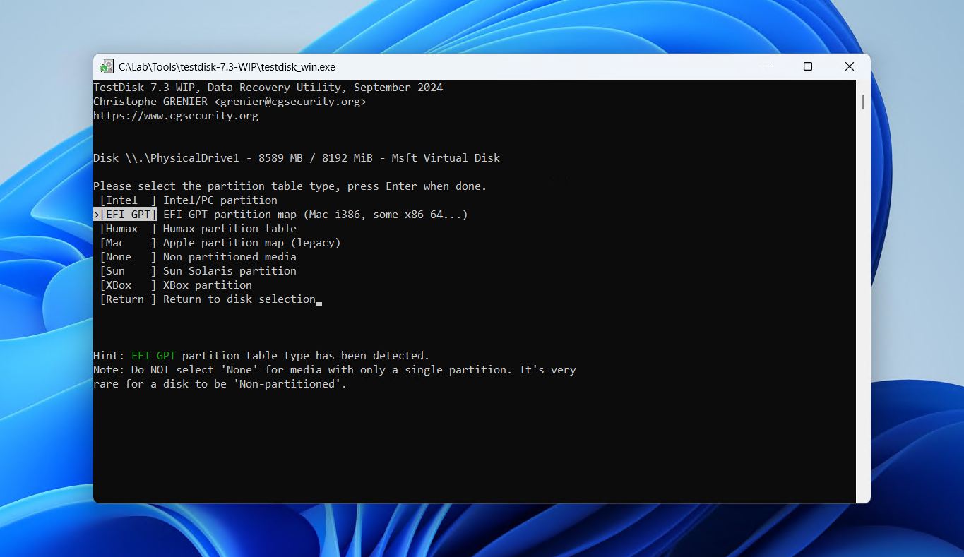 Choosing a partition table type.