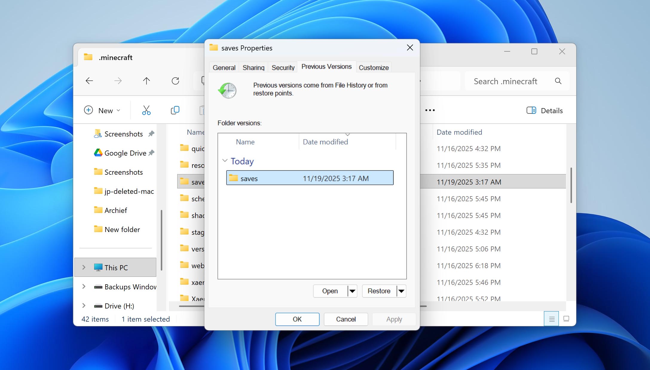 restore saves folder previous version