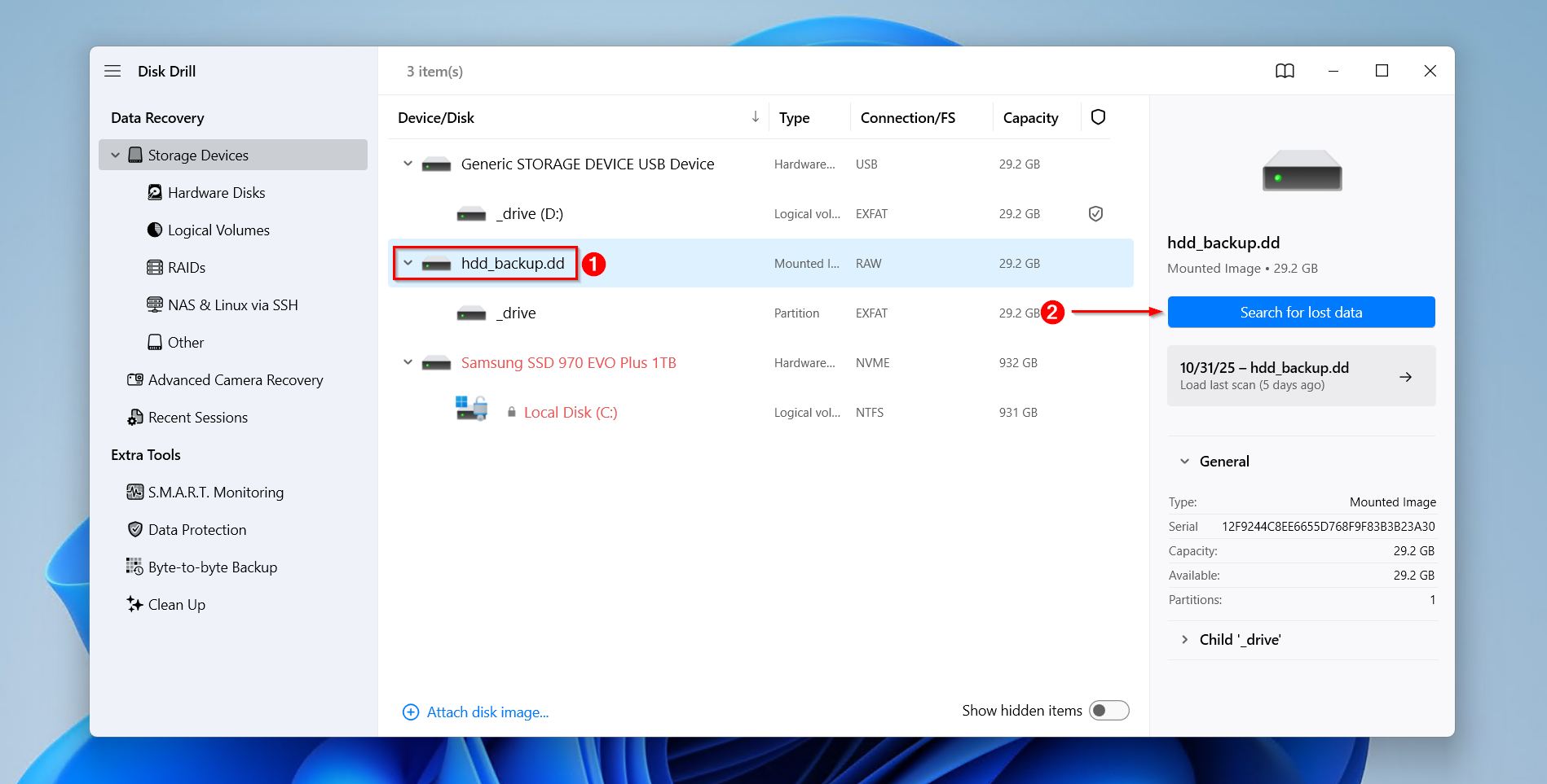 Scanning the image for data to recover.
