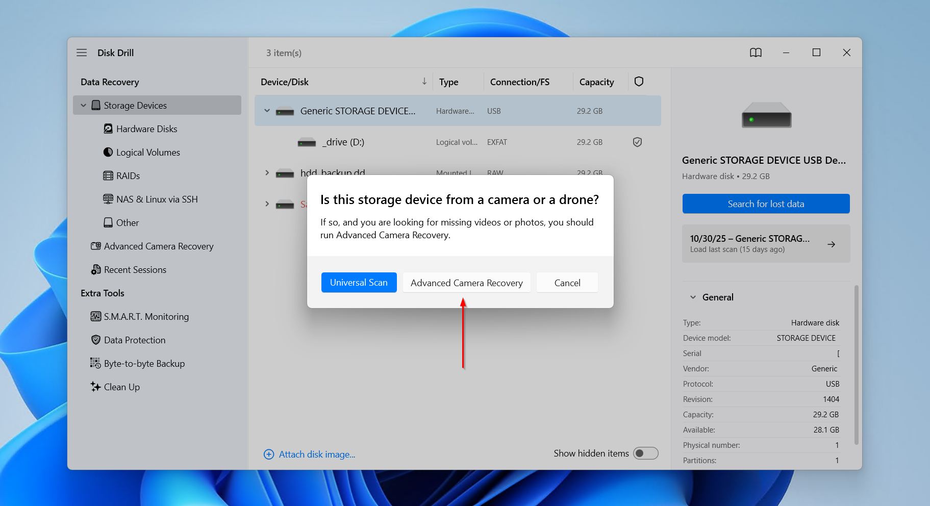 Running an Advanced Camera Recovery scan.