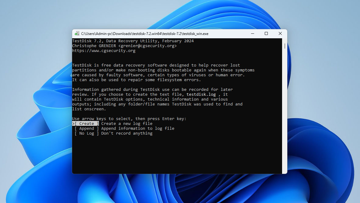 create log file in testdisk