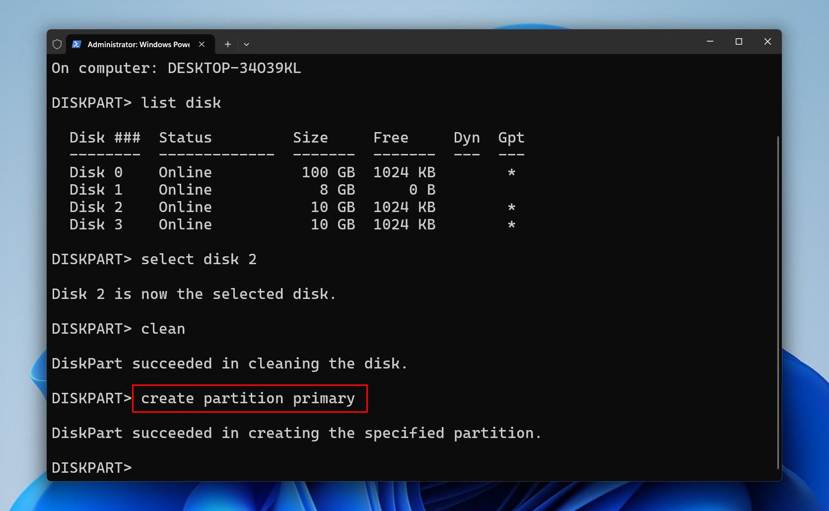 Creating a primary partition.