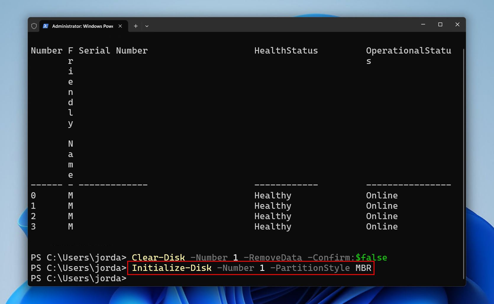 Initializing the disk.