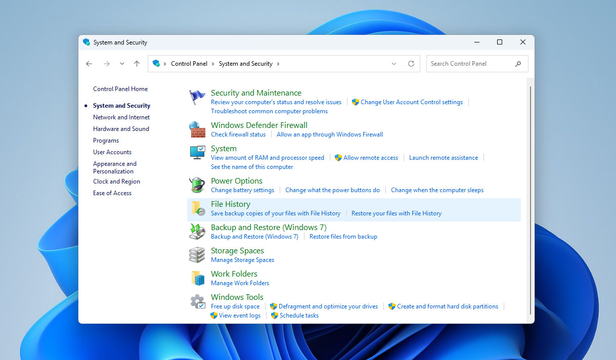find file history in control panel