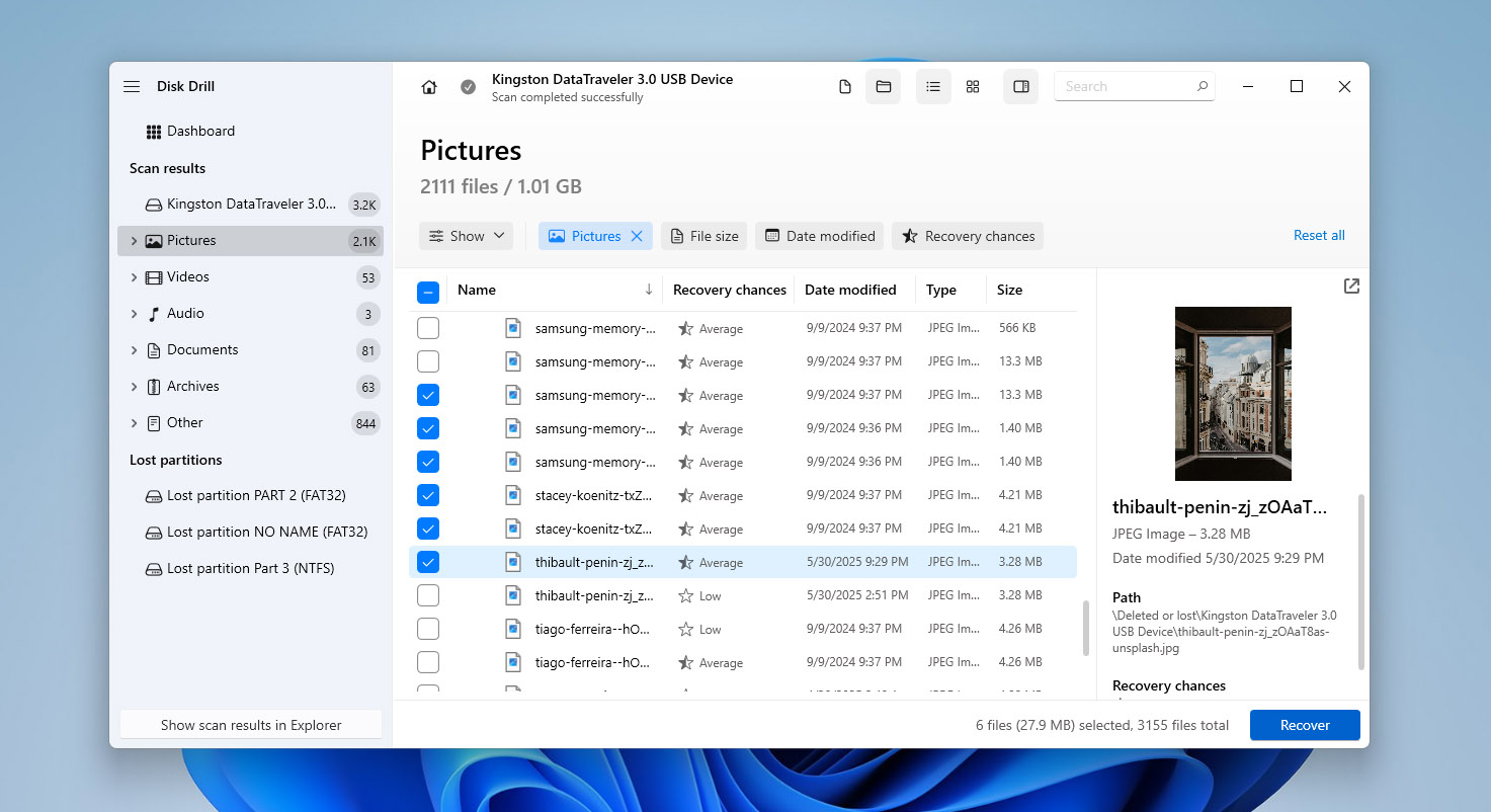 select files for recovery