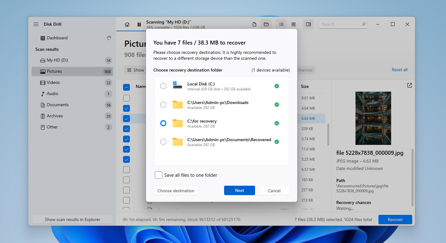 choose recovery location for files