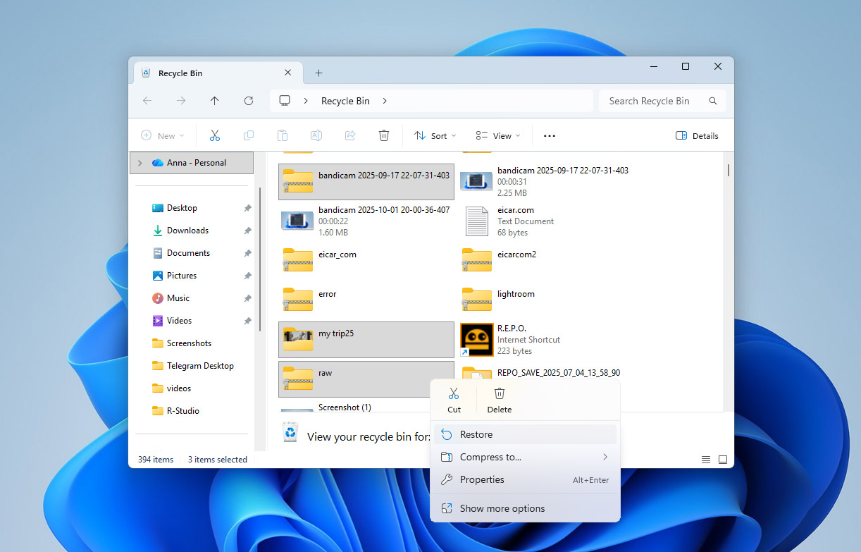 restore files from recycle bin