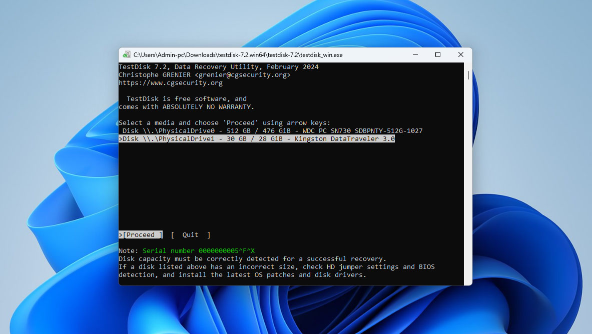 select drive in testdisk