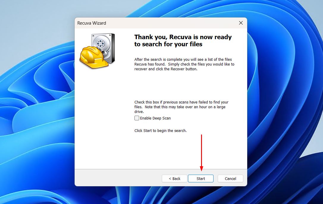 Starting the Recuva scan.