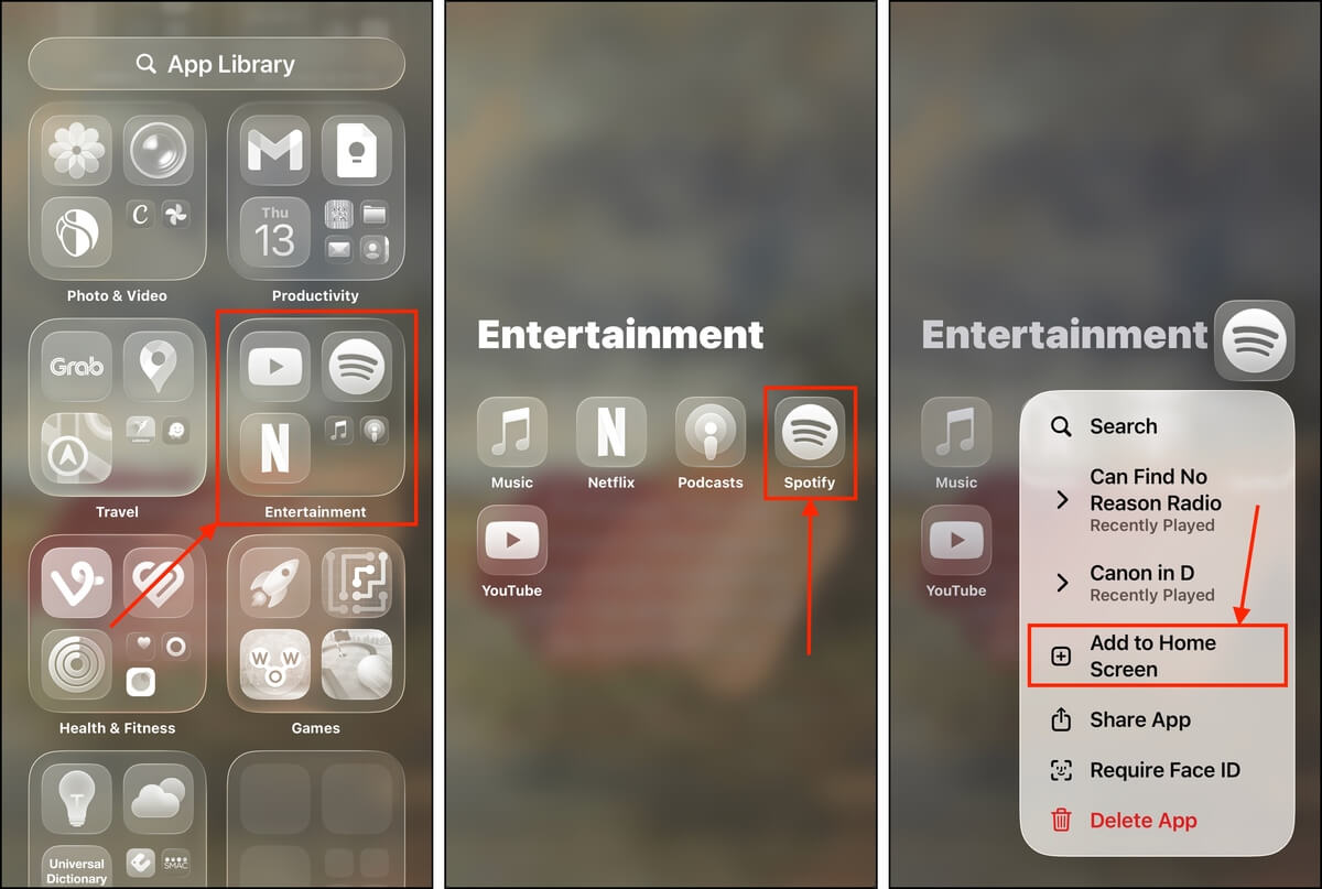 Add to Home Screen option in the dropdown menu in the App Library