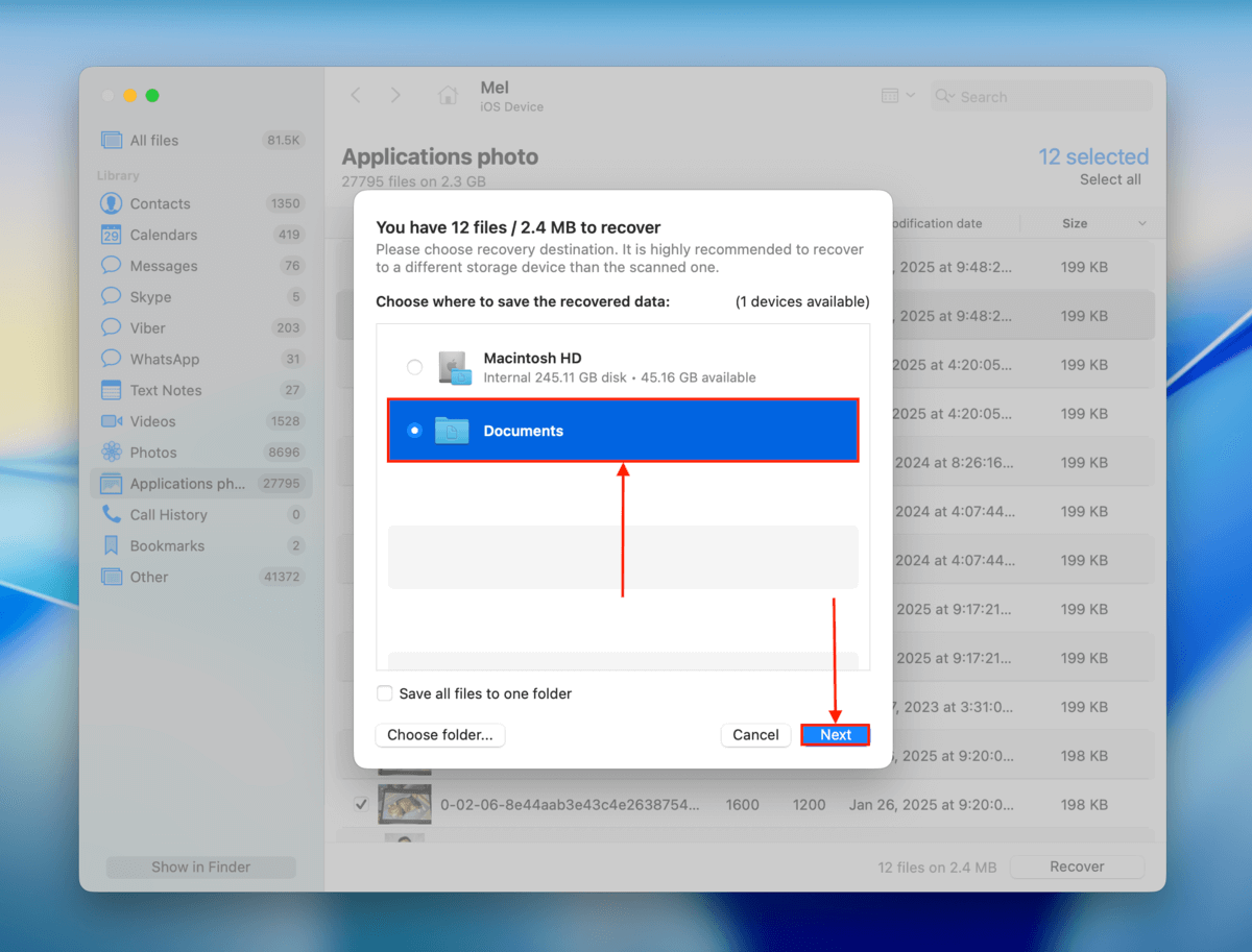 file destination selection button in disk drill
