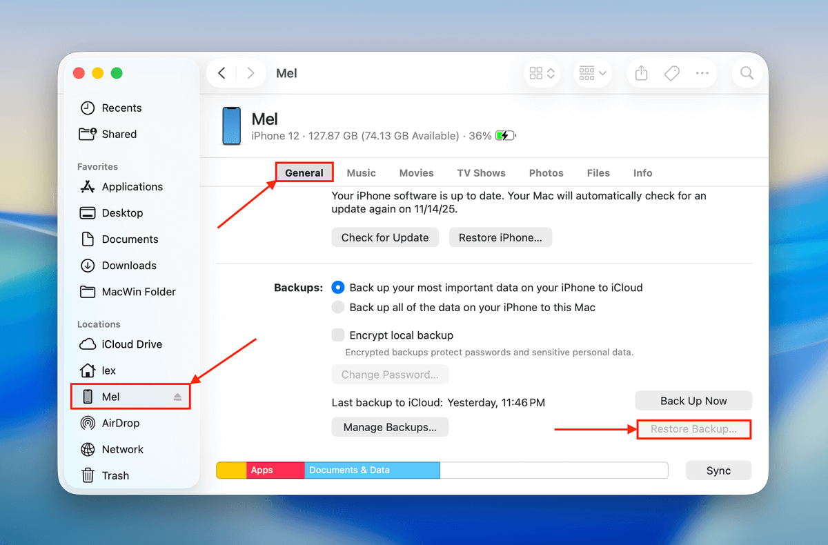 General tab in Locations in Finder