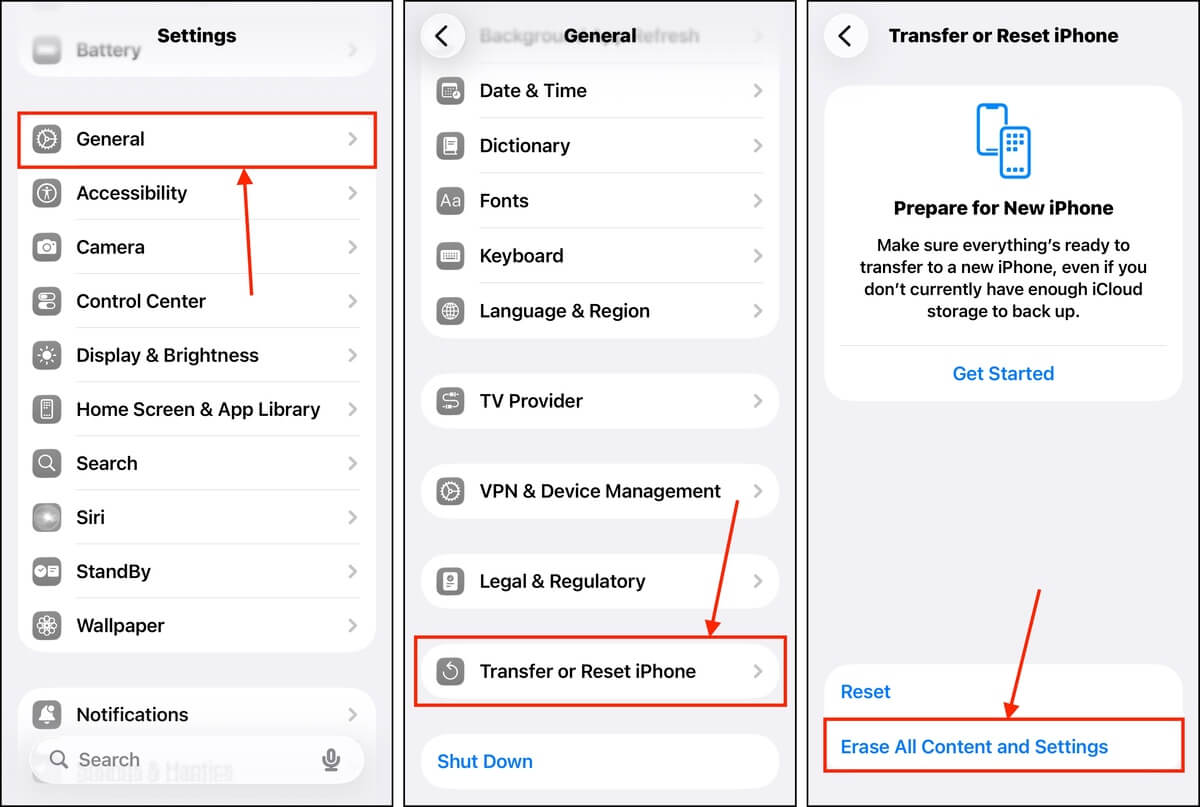 Erase option in Transfer or Reset iPhone tab in General Settings