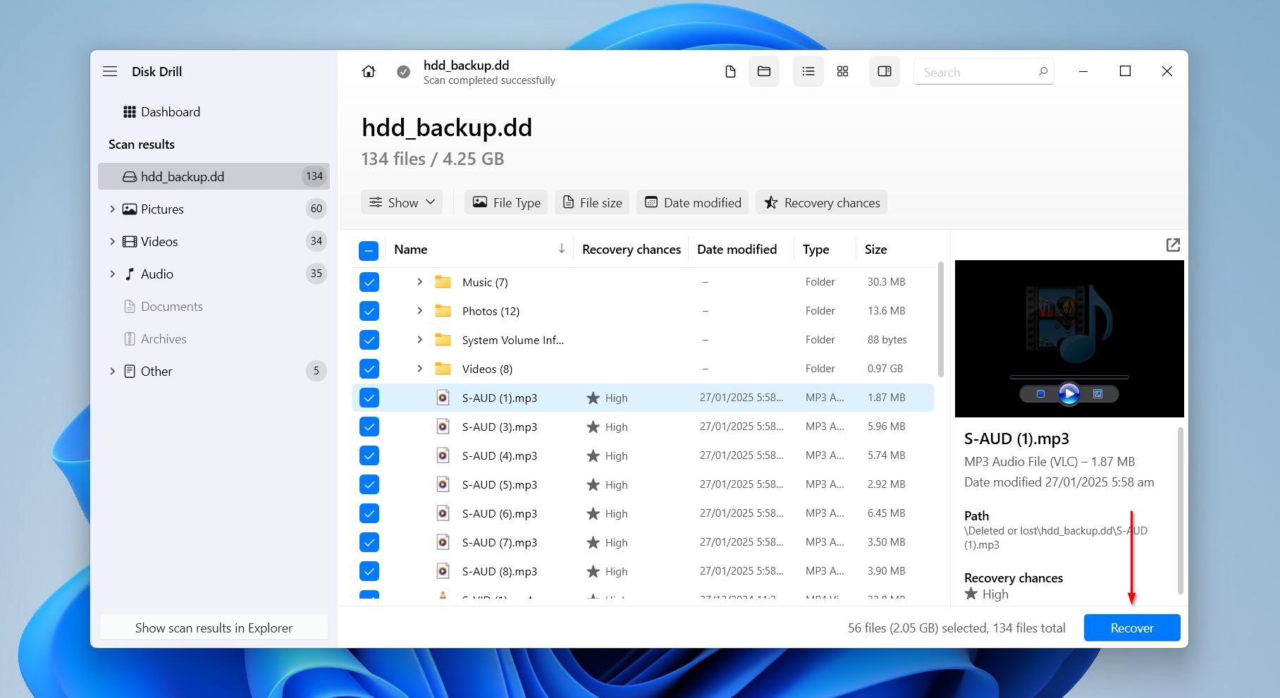 Selecting files from the dead HDD to be recovered.