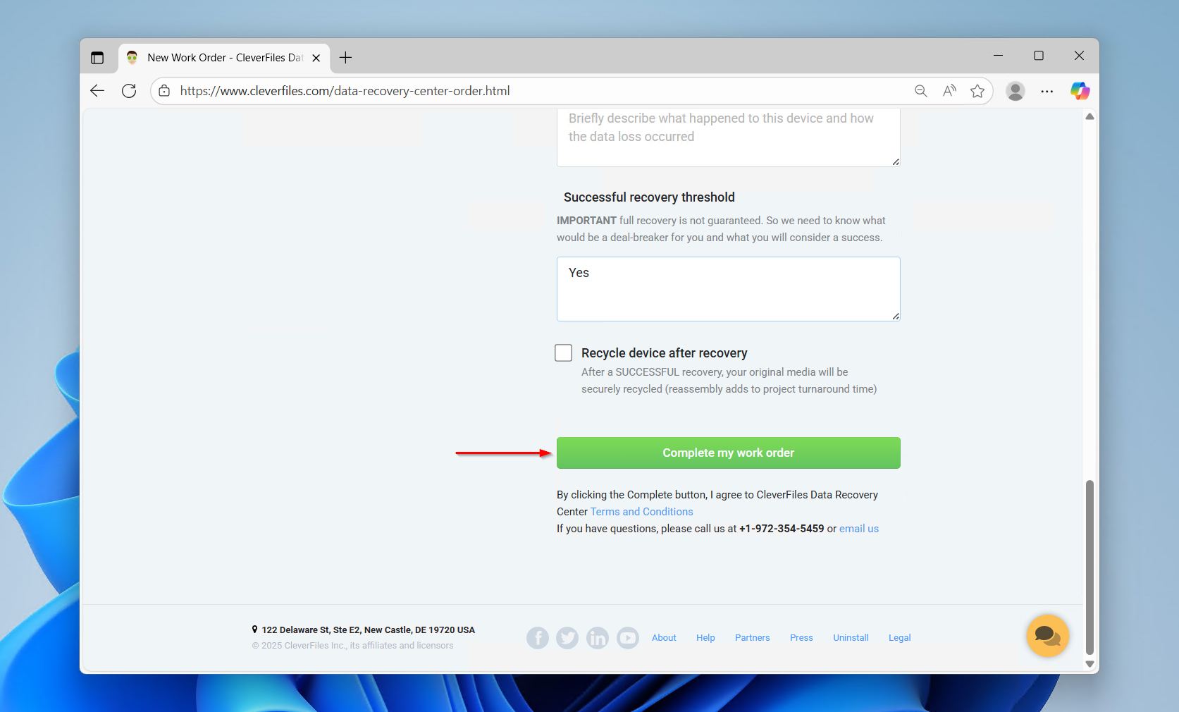 Submitting the work order.