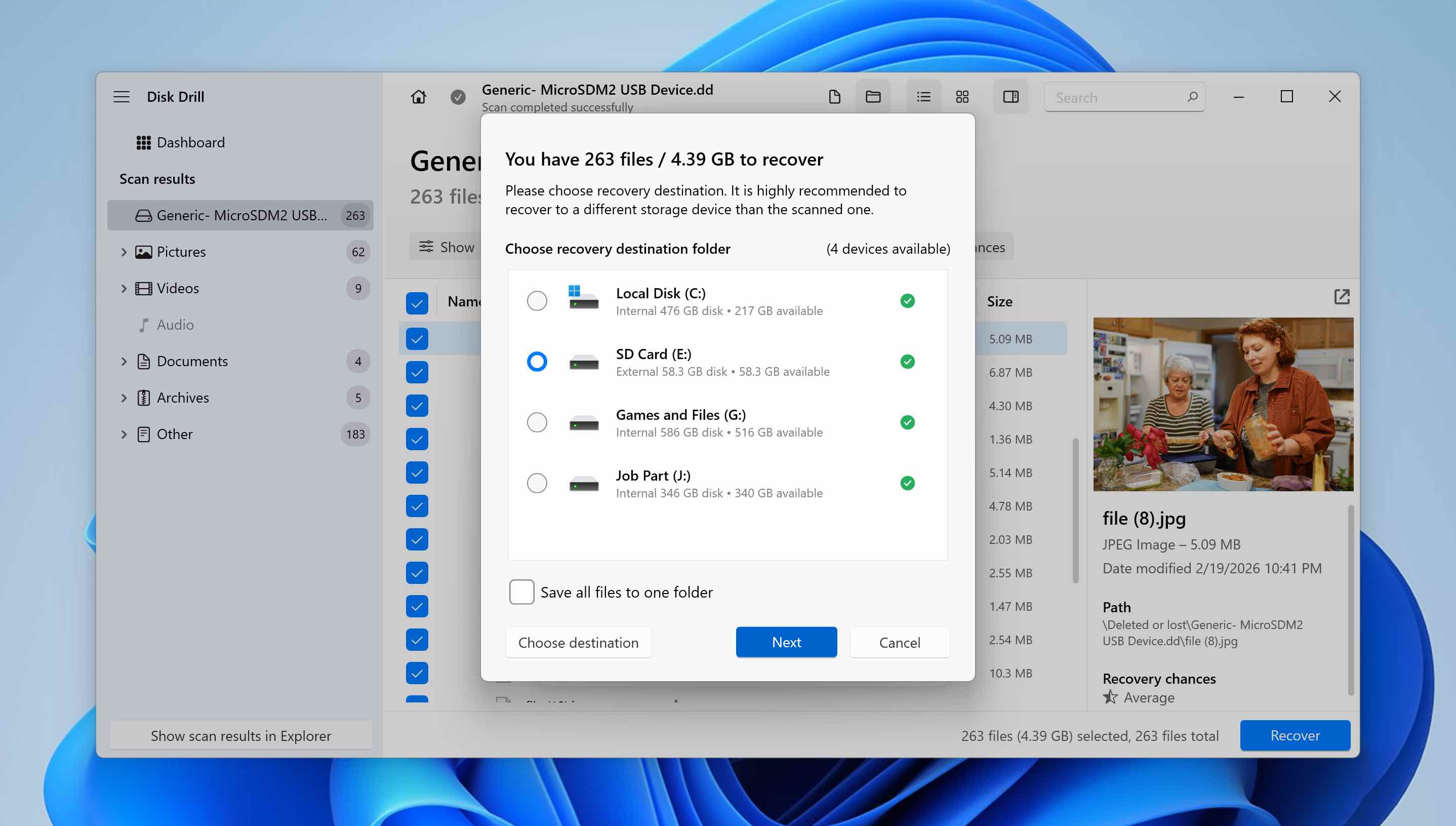 choose recovery destination for files