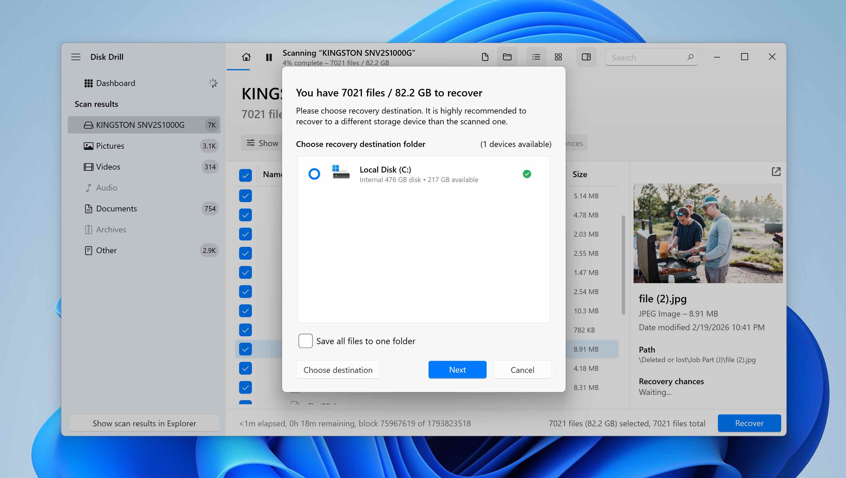 choose recovery location for files