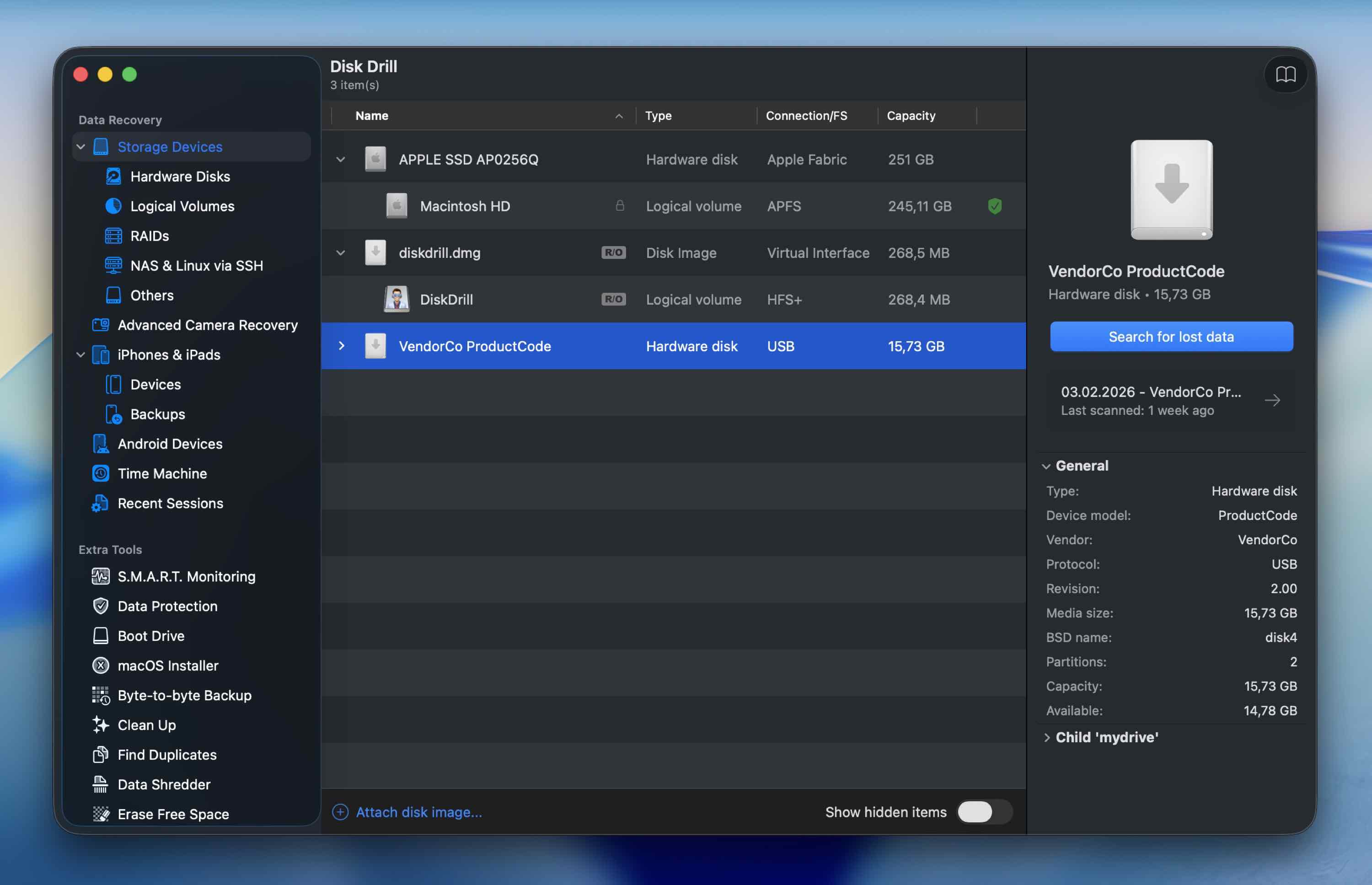 Click Search for lost data