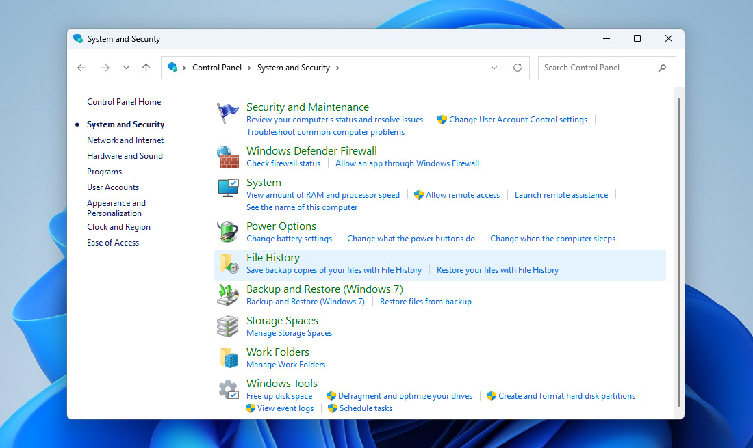 open file history in control panel