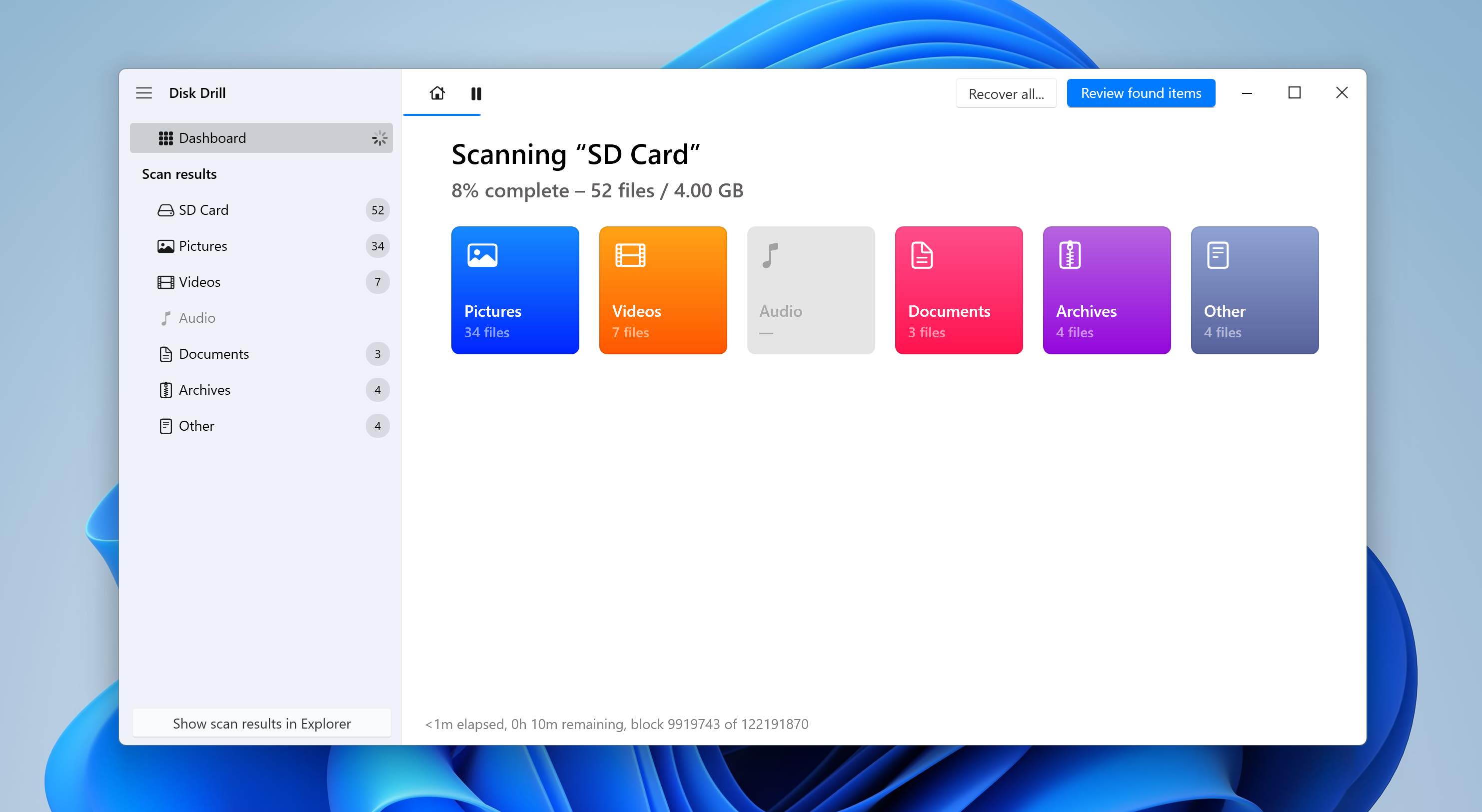 review found items on sd card