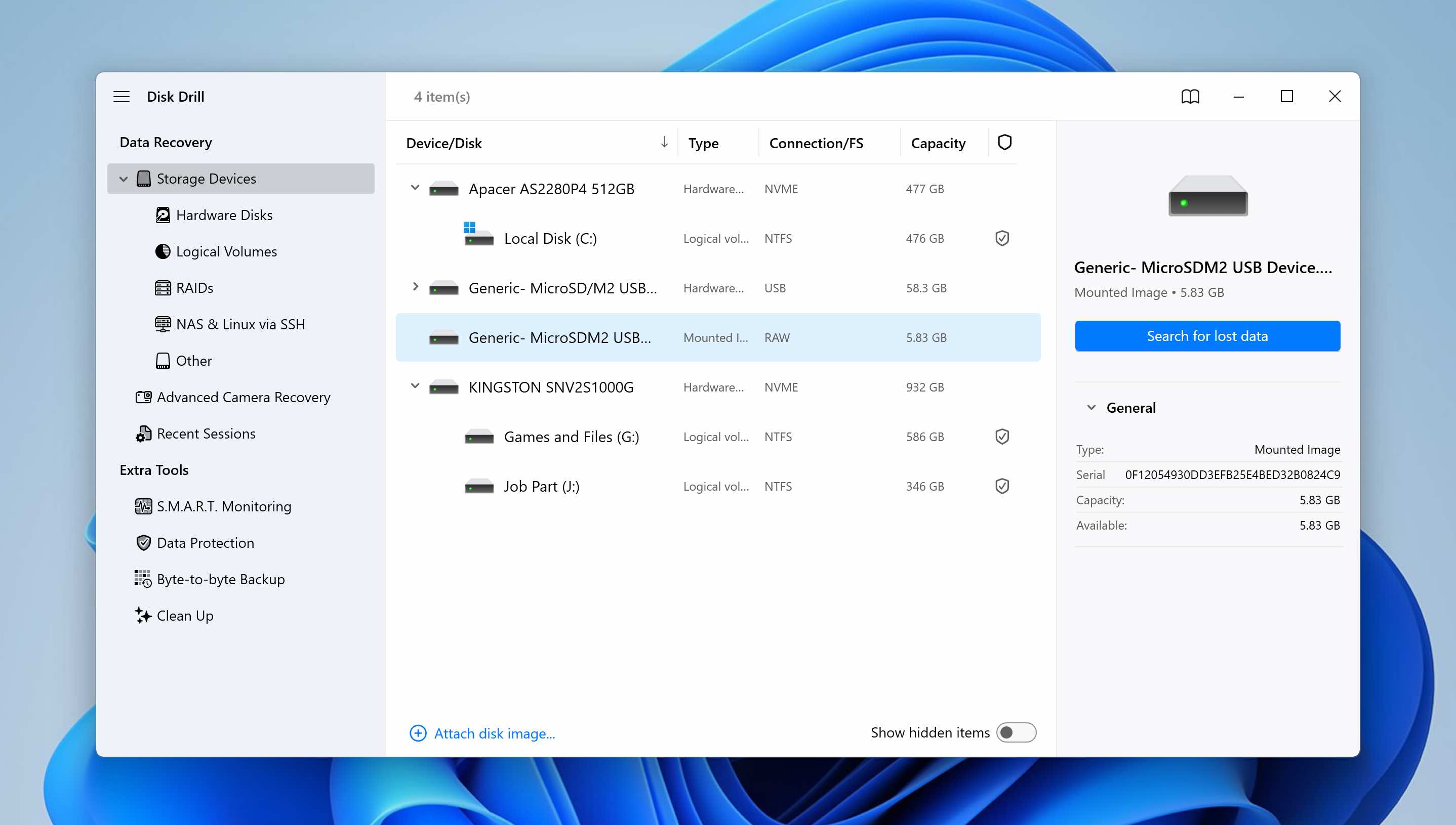 select drive image for scan in disk drill