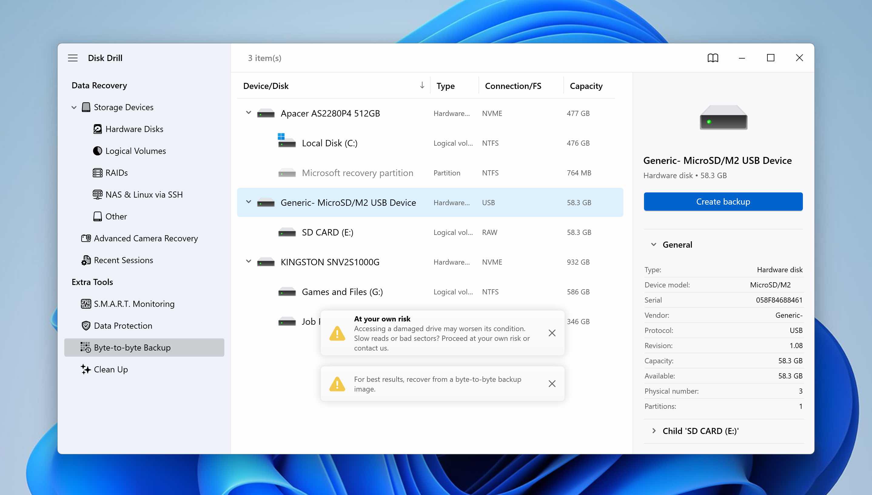 select sd card for backup