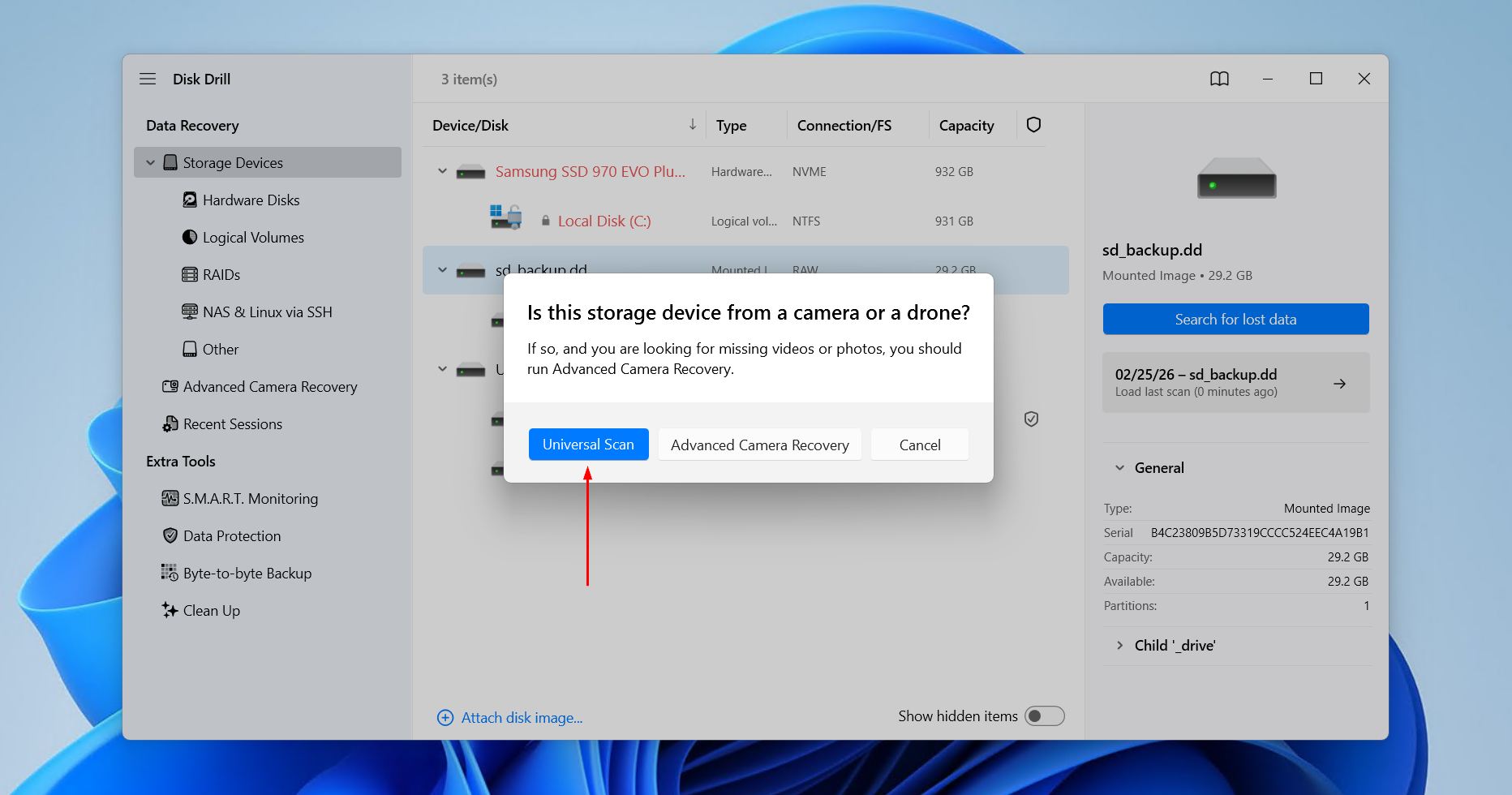 Starting a Universal Scan.