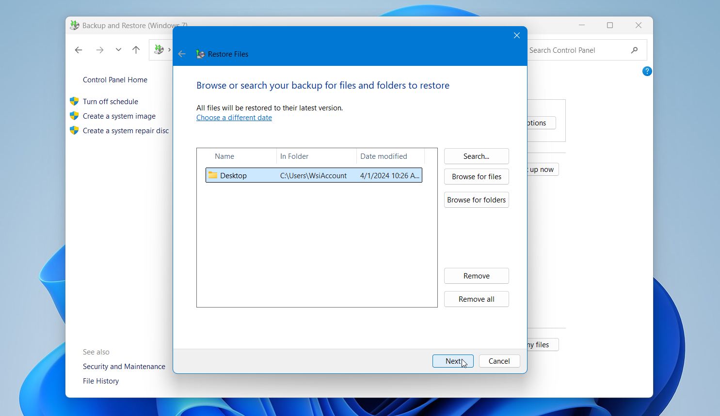 Backup & Restore select files