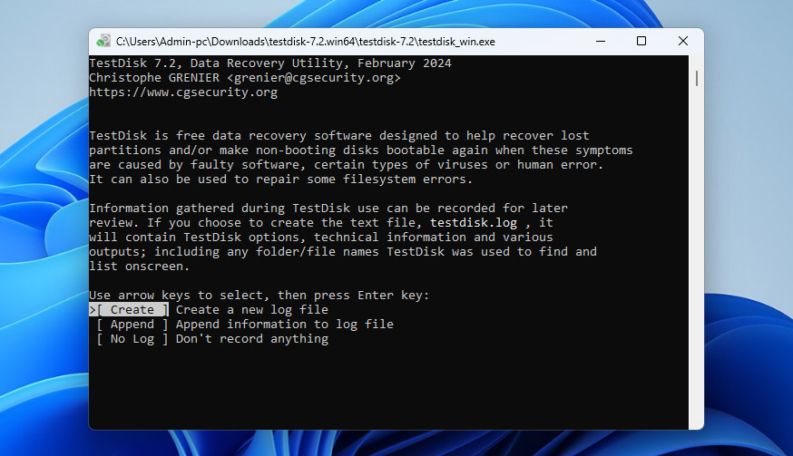 create log file in testdisk