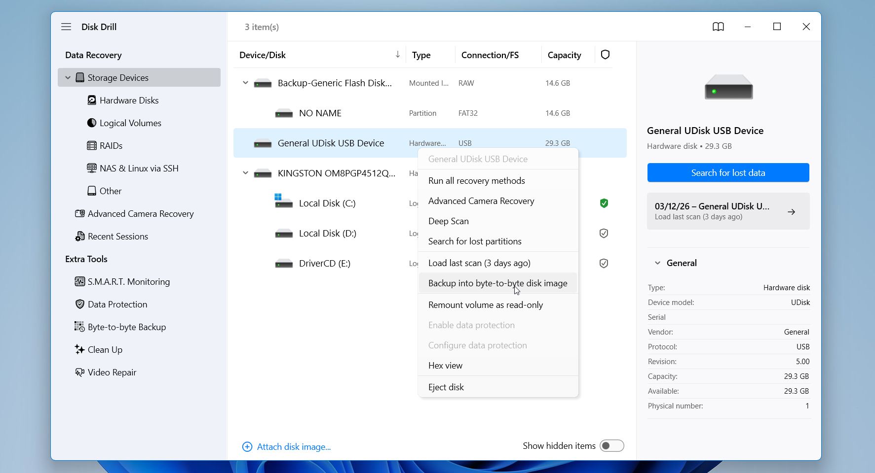 Disk Drill click on the drive for backup